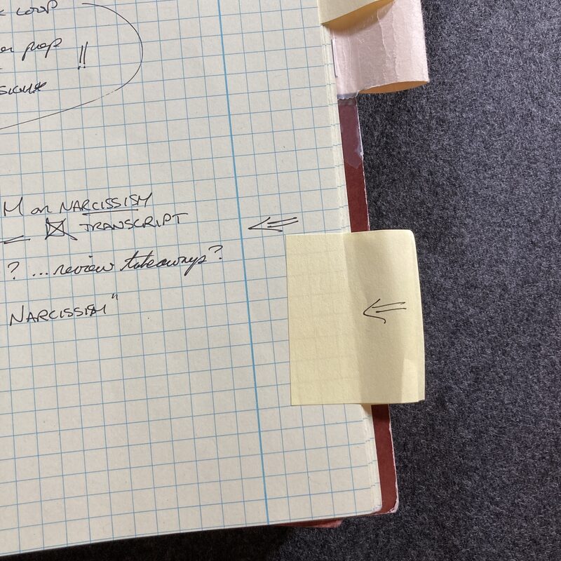 An open notebook with three sticky-note flags