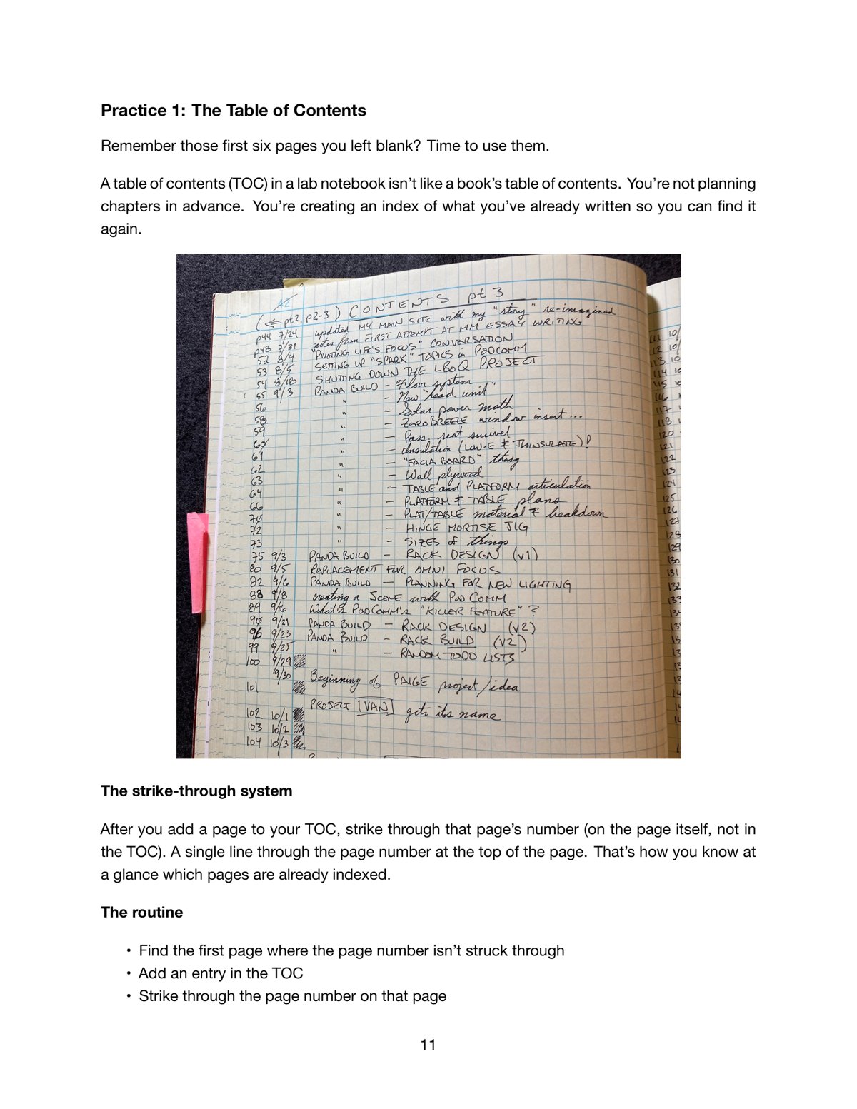 A look inside the book — the Table of Contents practice